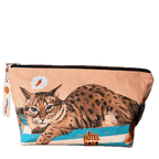 Rectangular cotton zip pouch by Hôtel Dodo, featuring a lounging spotted cat with a fish thought bubble and "Bodega Cat Hot Sauce Pouch" on the front. This washable travel organizer is perfect for your daily essentials.