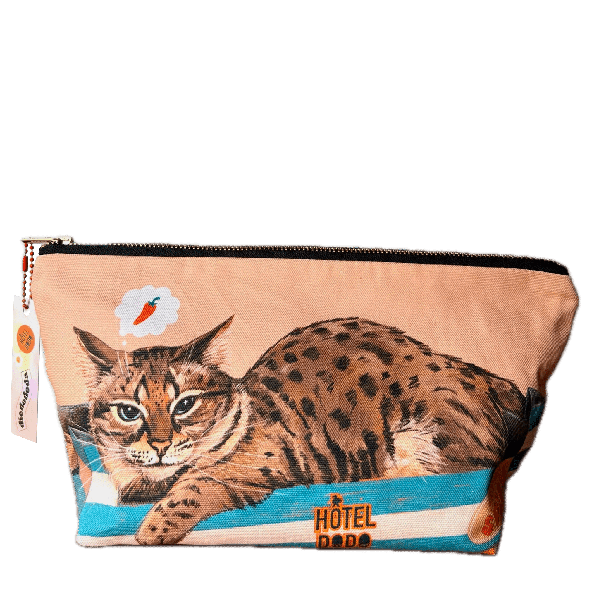 Rectangular cotton zip pouch by Hôtel Dodo, featuring a lounging spotted cat with a fish thought bubble and "Bodega Cat Hot Sauce Pouch" on the front. This washable travel organizer is perfect for your daily essentials.