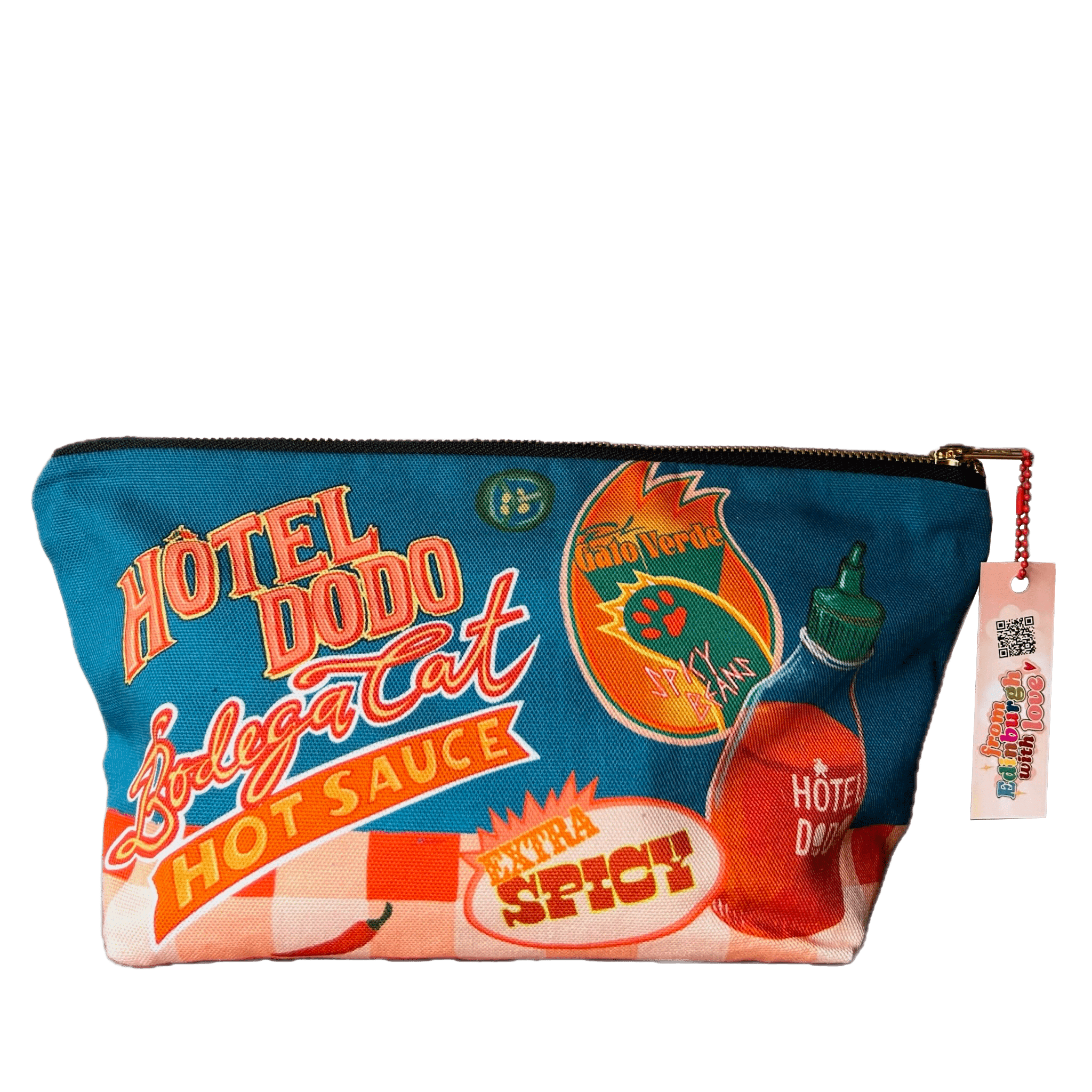 The Bodega Cat Hot Sauce Pouch by Hôtel Dodo is a handmade cotton pouch with hot sauce graphics and zipper tag—ideal as a unique organiser for market days!.