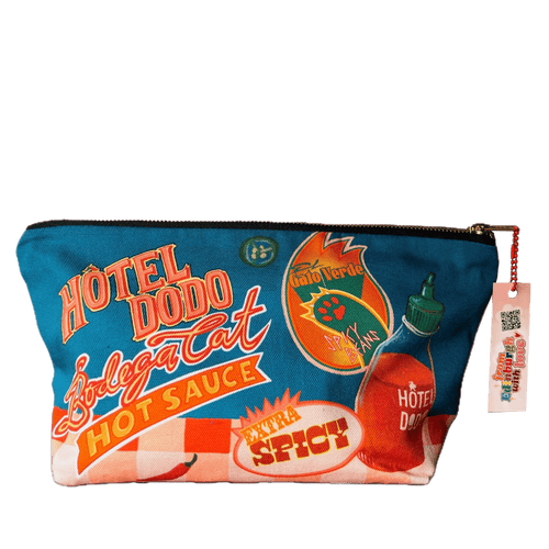 The Bodega Cat Hot Sauce Pouch by Hôtel Dodo is a handmade cotton pouch with hot sauce graphics and zipper tag—ideal as a unique organiser for market days!.