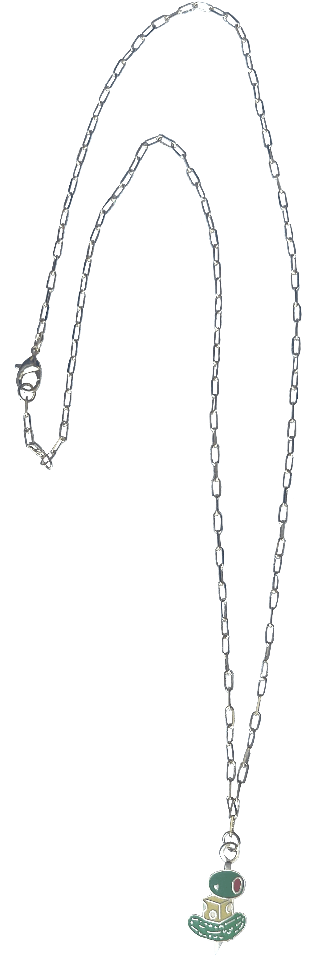 The Canapé Cutie Necklace by Necklaces is a silver chain necklace with a frog pendant showcasing red, green, and beige colors.