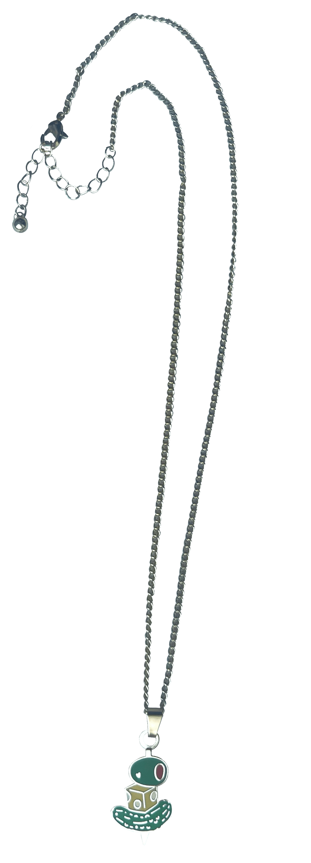The Canapé Cutie Necklace by Necklaces is a silver chain necklace featuring a pendant of a stylized green-and-white frog with a small red crown and green base.