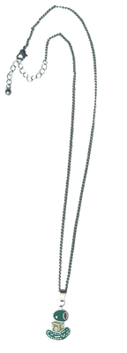 The Canapé Cutie Necklace by Necklaces is a silver chain necklace featuring a pendant of a stylized green-and-white frog with a small red crown and green base.