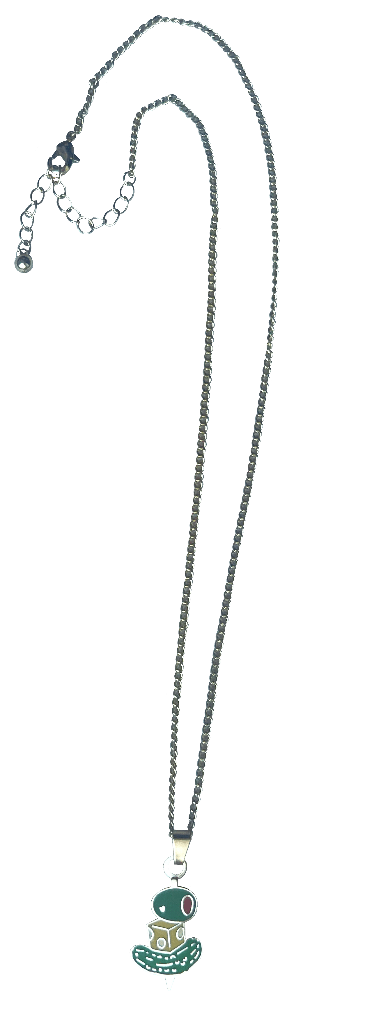 The Canapé Cutie Necklace by Necklaces is a silver chain necklace featuring a pendant of a stylized green-and-white frog with a small red crown and green base.