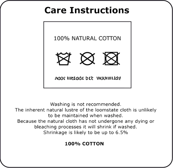 Care label for Bags by diedododa's Bodega/Shromp’s XXL Snack Shopper: UK-made from 100% natural cotton canvas. Do not machine wash, bleach, or tumble dry. Washing not recommended to preserve this eco-friendly tote and prevent shrinkage.