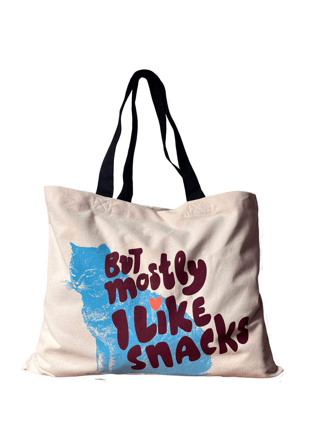 A stylish shopping and beach bag by Bags by diedododa, featuring the phrase "But Mostly I Like Cats" with a charming illustration of a whimsical blue cat.