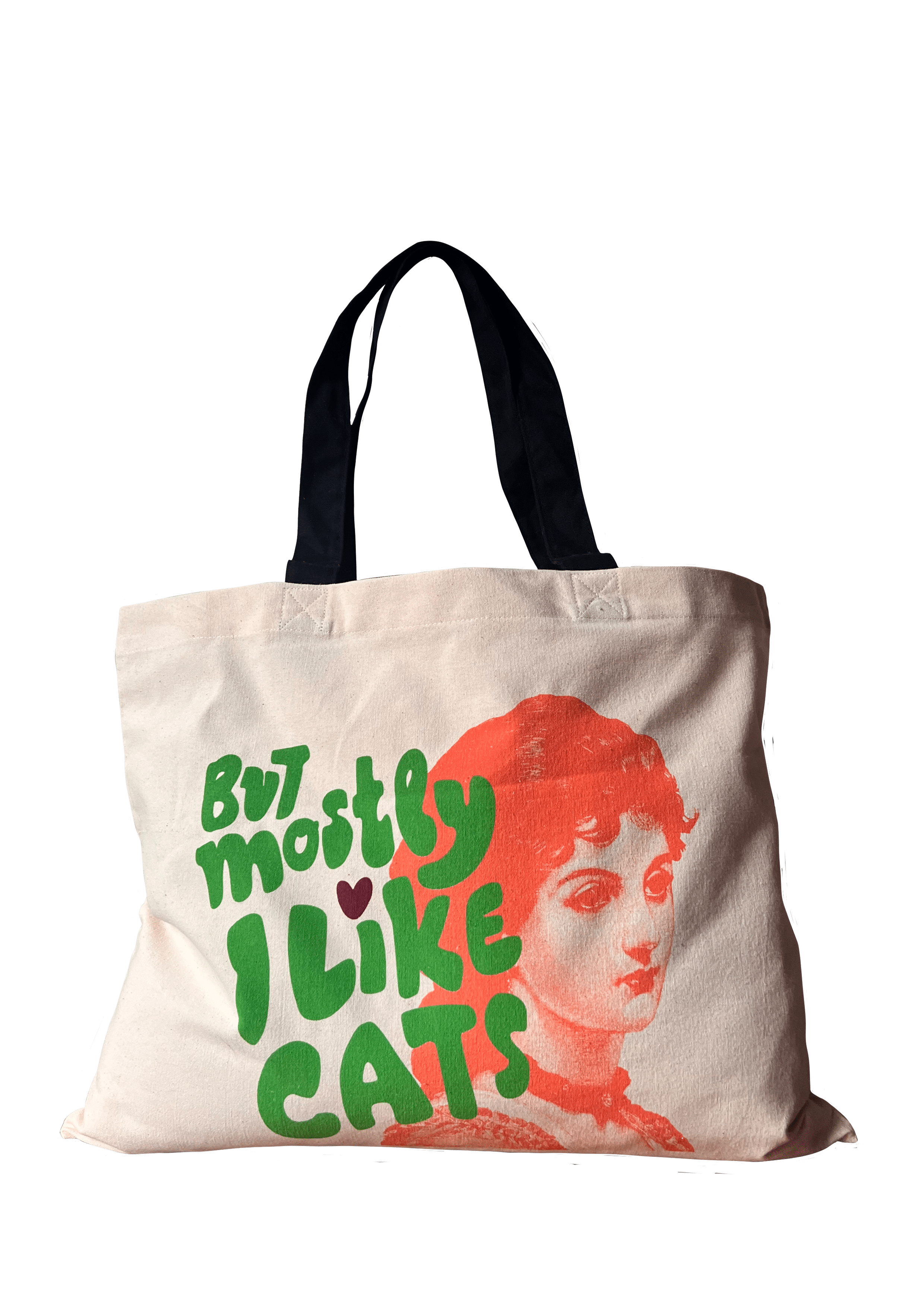 Tote bag by Bags by diedododa, featuring an orange-tinted image of a woman's face and green text reading 