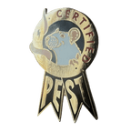 The Certified Pest Pin by Pins by diedododa is a gold and silver badge with a rat illustration, perfect for those with a spicy personality or as a charming pest certificate pin.