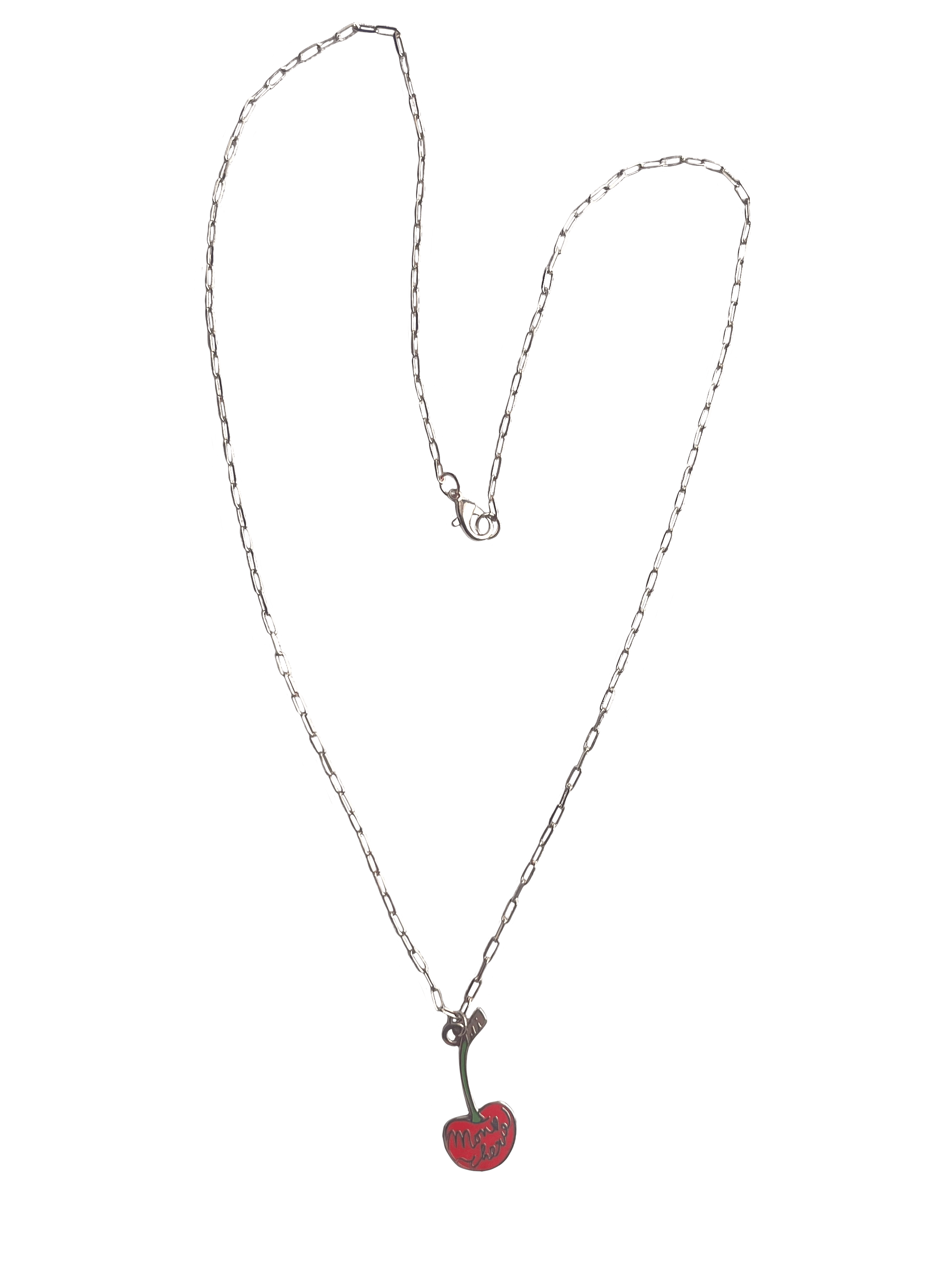 The Mon Chérie Necklace by Necklaces features a silver curb chain heart adorned with a red cherry pendant.