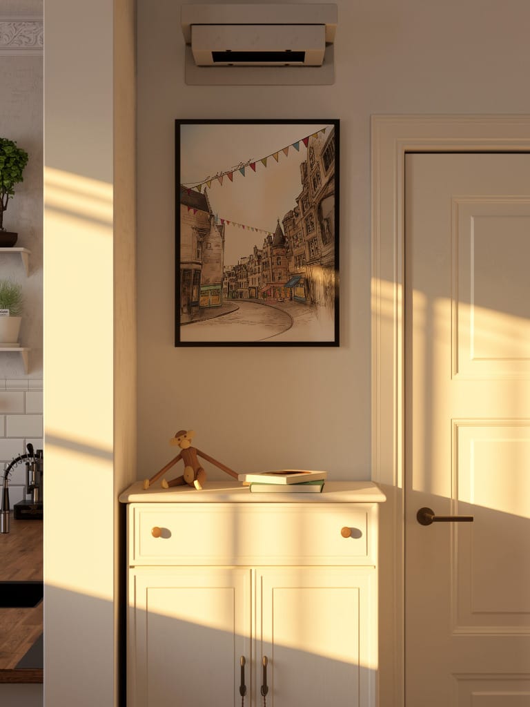 A Cockburn Street Edinburgh Matte Art Print by Essential Edinburgh hangs above a white cabinet with a teddy bear and books, next to a closed door in a sunlit room.
