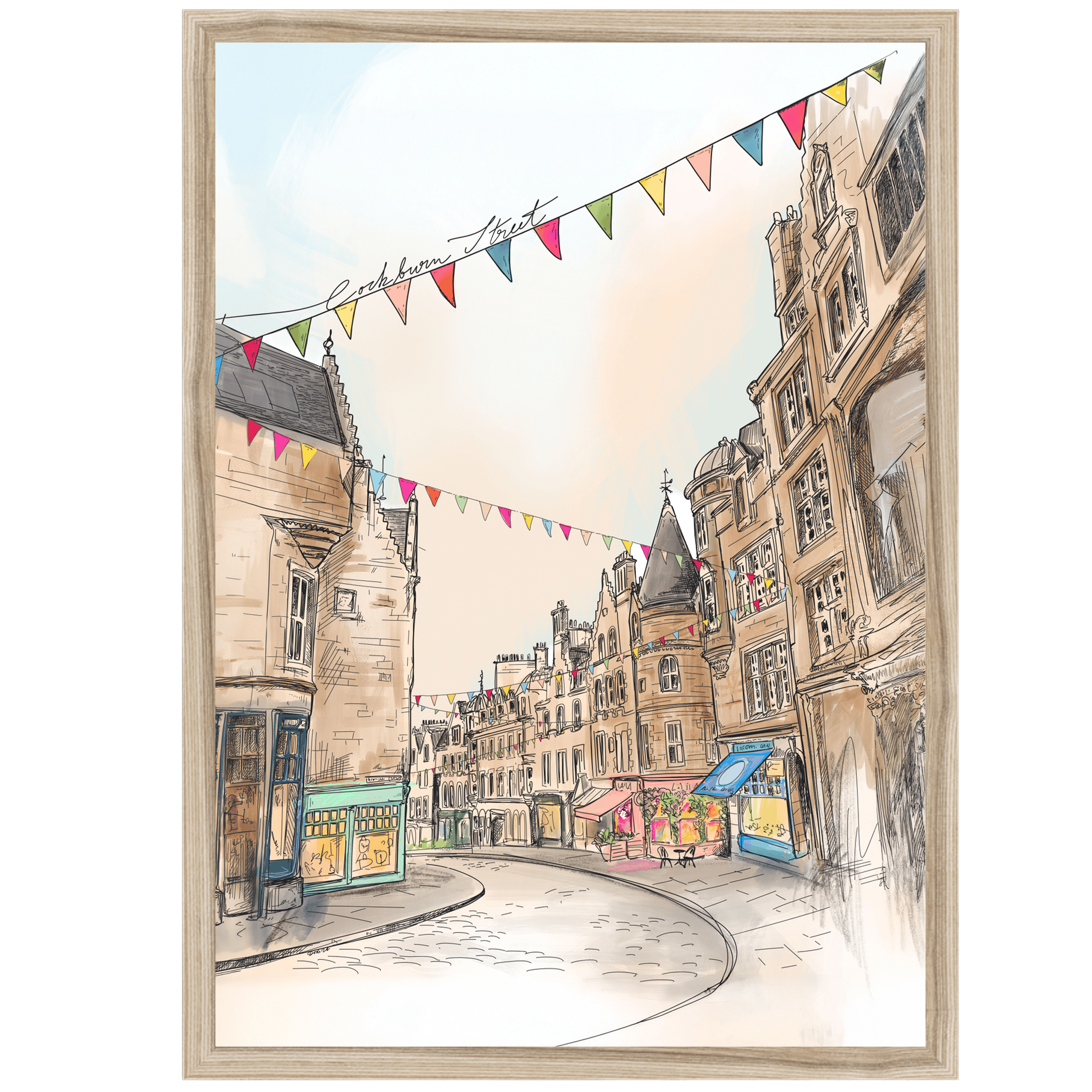 The Cockburn Street Edinburgh Matte Art Print by Essential Edinburgh features historic Old Town buildings, colorful indie shops, and festive pennant banners along the iconic curved city street.