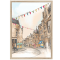 The Cockburn Street Edinburgh Matte Art Print by Essential Edinburgh features historic Old Town buildings, colorful indie shops, and festive pennant banners along the iconic curved city street.