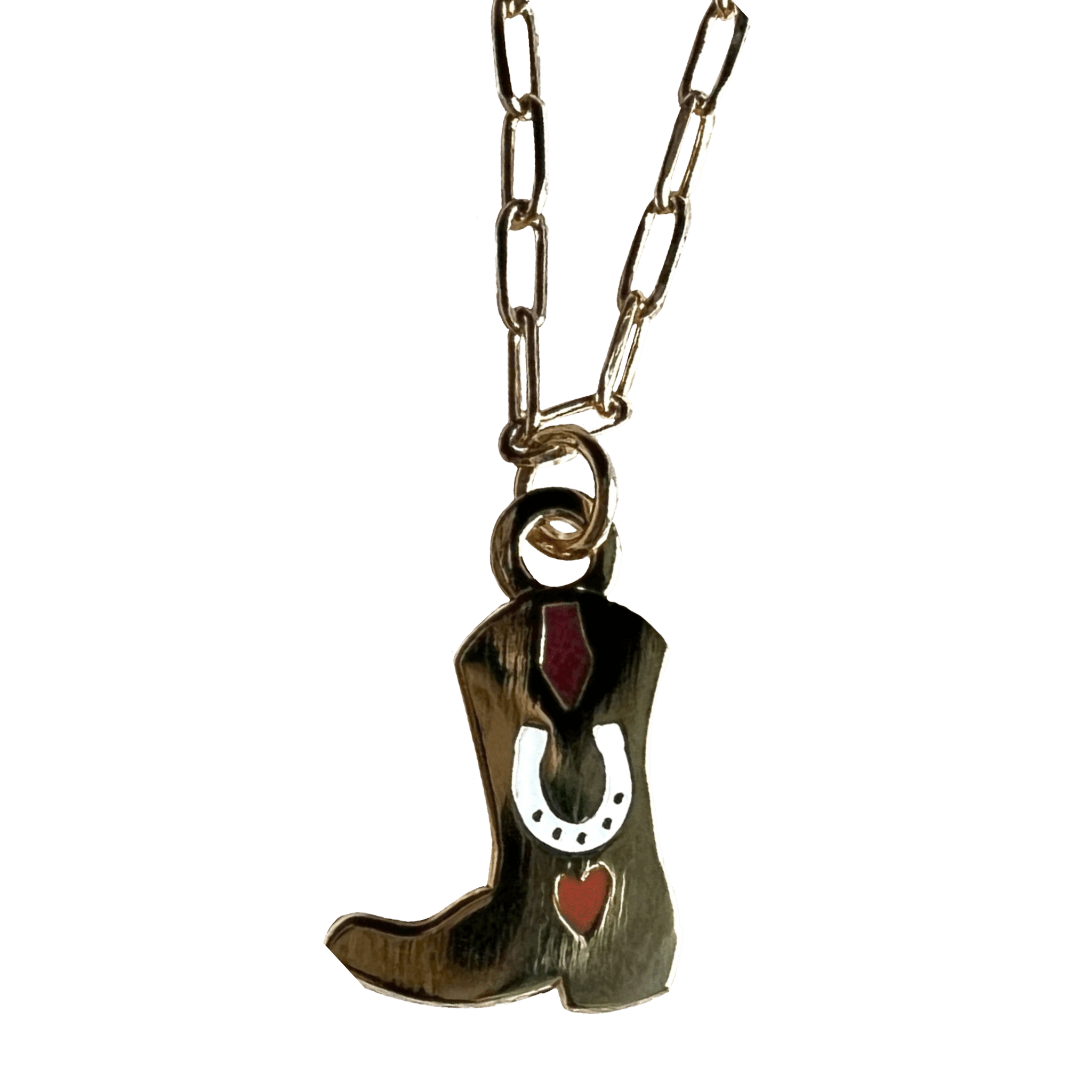 The Tiny Tootin Bootin Necklace by Necklaces features a silver horseshoe with a cowboy boot pendant, highlighted by red accents and 18k gold plating.