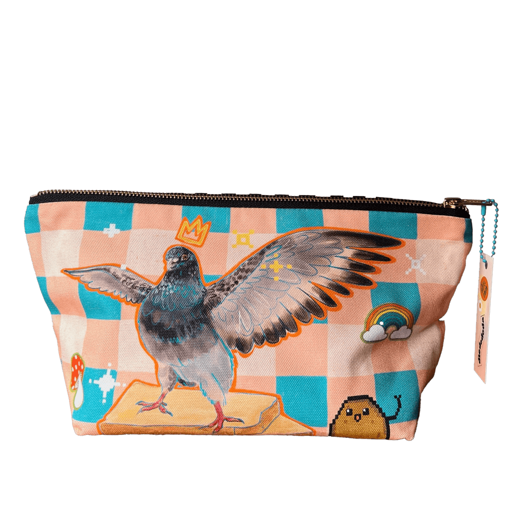 The Chaos Creatures Pouch by Aventures Des Créatures is a handmade UK accessory featuring a crowned pigeon with outstretched wings on pastel checks, plus playful icons—ideal for carrying essentials on market days.