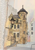 Essential Edinburgh’s Scottish Writers Museum Edinburgh Matte Art Print features a historic stone building with a domed tower, ornate lamps, and arched windows—a classic Royal Mile scene.