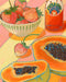 Painting featuring a bowl of strawberries, a halved papaya with black seeds, a single strawberry beside it, and a bottle labeled "L'Aperitivo Leopardo" on a vibrant striped background evocative of an Indian summer picnic. This artwork is part of the Hôtel Dodo collection.