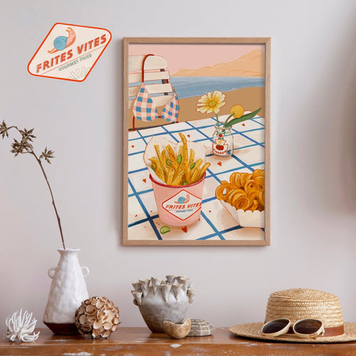 The Frites Vites Giclée Art Print by Hôtel Dodo features gourmet and curly fries by the sea, with a "Frites Vites" logo and a stylish shelf scene—perfect for adding coastal charm to your space.