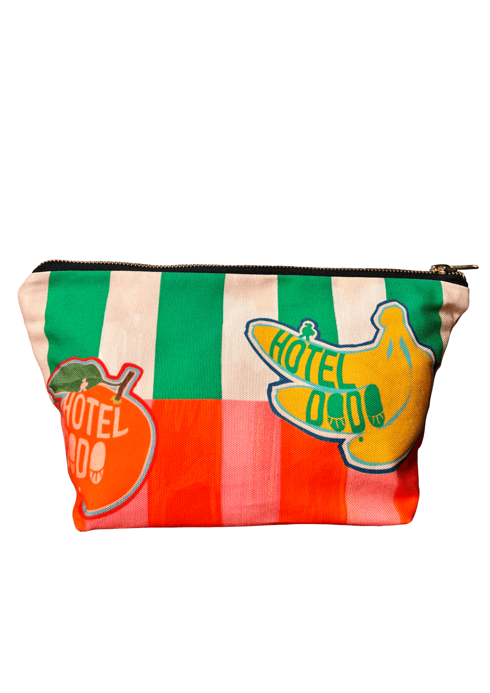 The Fruity Pick 'n' Mix Pouch by Hôtel Dodo is a versatile organizer, handmade in the UK. It features a colorful striped pattern with graphics of an orange and bananas, each labeled "Hotel," making it a perfect addition to your collection.