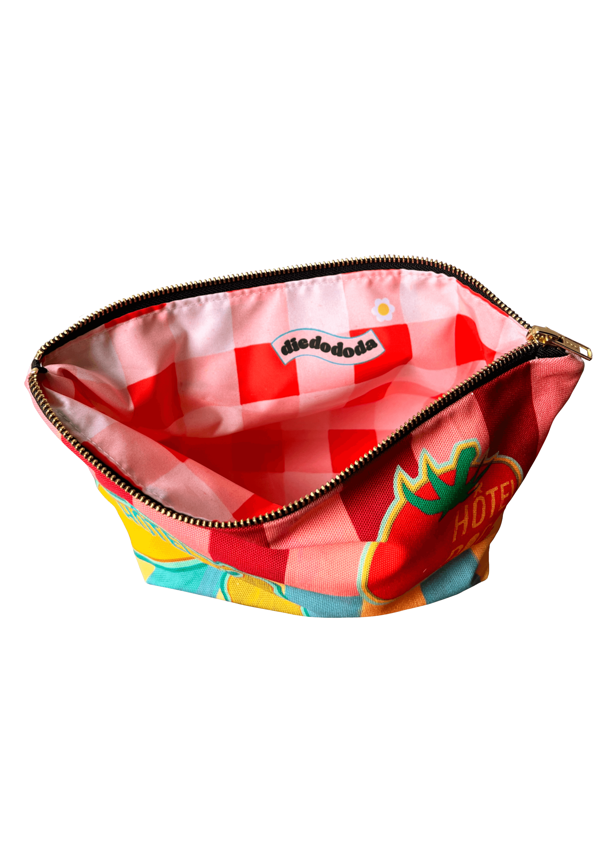 The Fruity Pick 'n' Mix Pouch by Hôtel Dodo is a colorful zippered pouch featuring a pink checkered interior and a partially open zipper that reveals the word "dedododa" on the lining. This versatile organizer is part of our exclusive Pick 'n' Mix Pouches collection, handmade in the UK.