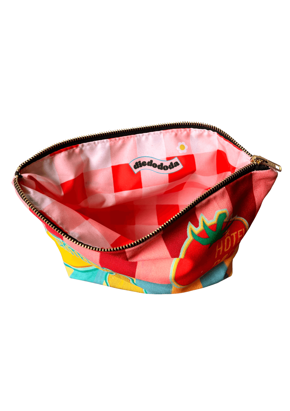 The Fruity Pick 'n' Mix Pouch by Hôtel Dodo is a colorful zippered pouch featuring a pink checkered interior and a partially open zipper that reveals the word "dedododa" on the lining. This versatile organizer is part of our exclusive Pick 'n' Mix Pouches collection, handmade in the UK.