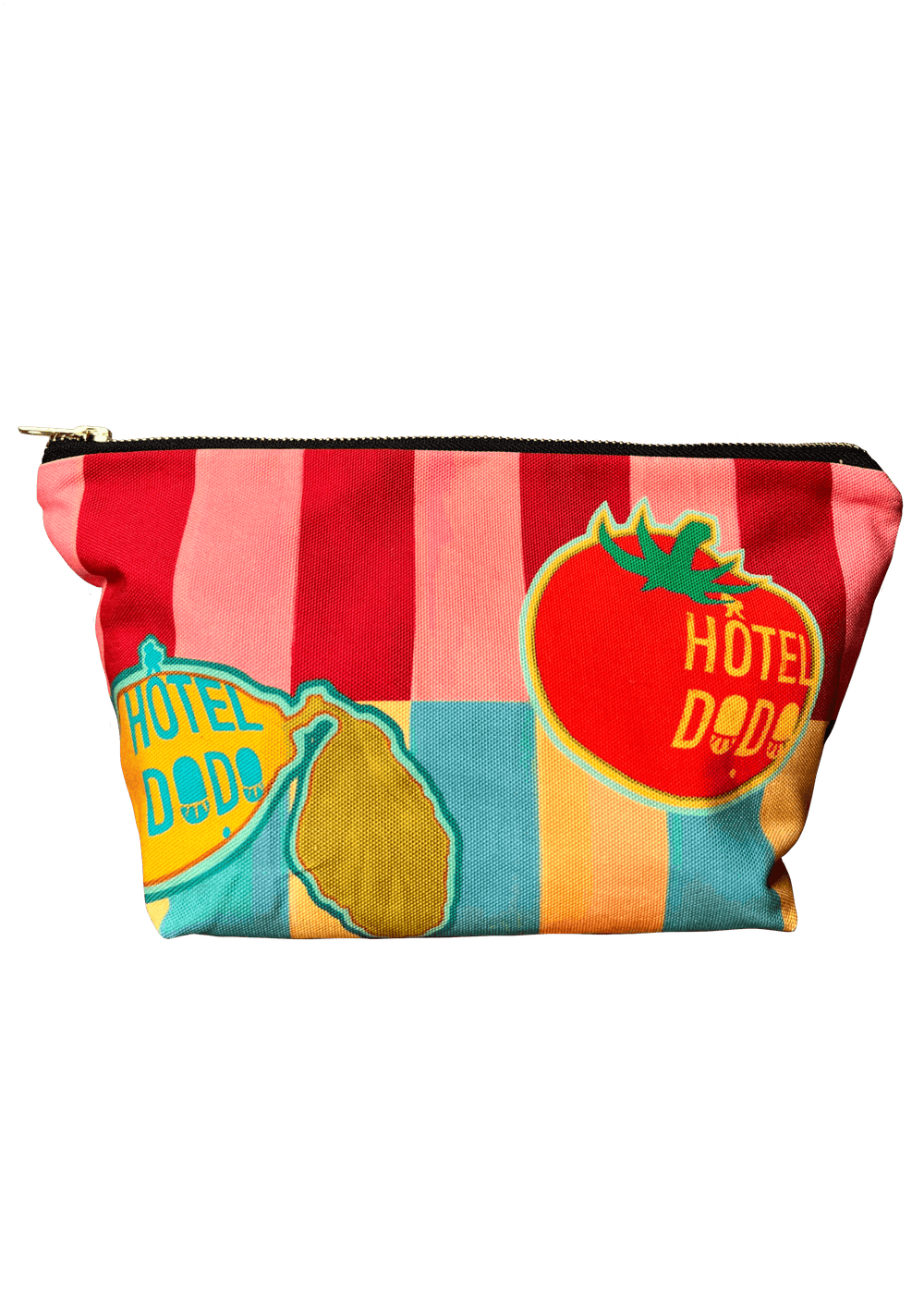 The Fruity Pick ‘n’ Mix Pouch by Hôtel Dodo is a handmade, colorful zippered pouch from the UK. It features charming illustrations of a tomato and pear with the text "Hôtel Dodo" set against a striped background. As part of the Pick 'n' Mix Pouches collection, it serves as a versatile organizer for your essentials.