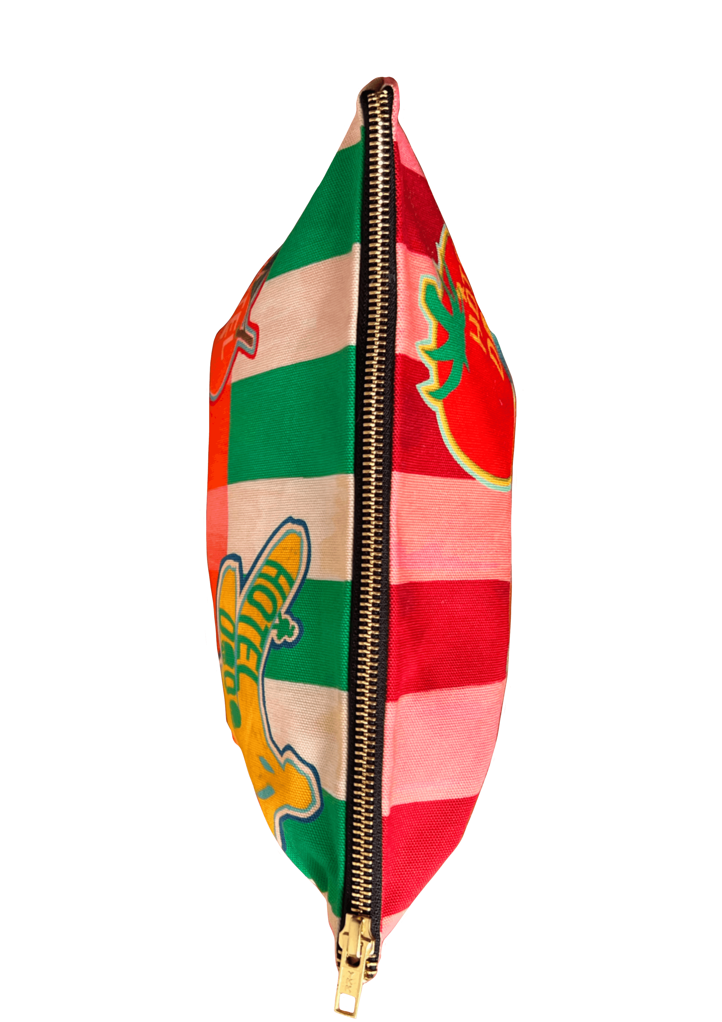 The Fruity Pick ‘n’ Mix Pouch by Hôtel Dodo is a colorful fabric organiser with a side zipper, adorned with vertical stripes in green, red, and pink along with various illustrations such as a shoe and a green object. This versatile pouch is part of the Pick 'n' Mix Pouches collection and is handmade in the UK.