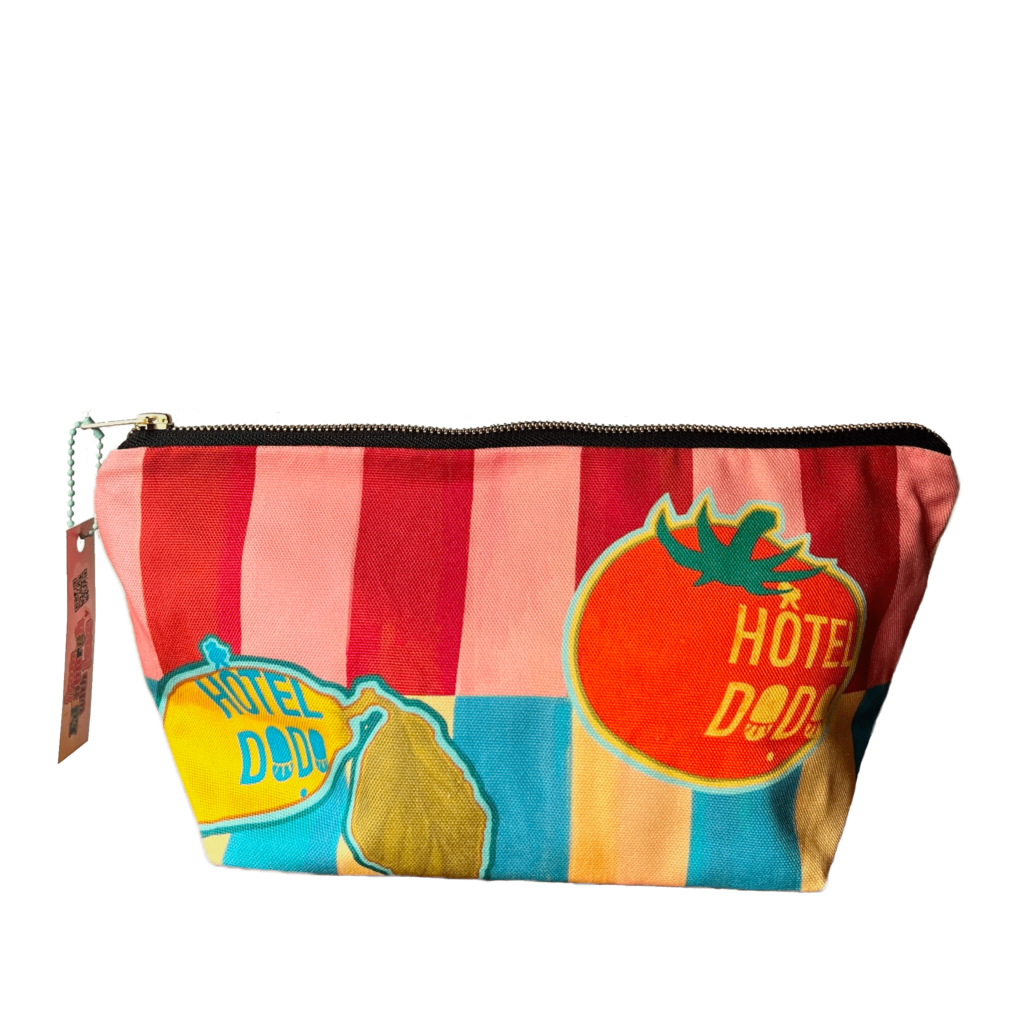 The Fruity Pick ‘n’ Mix Pouch by Hôtel Dodo is a zippered handmade cotton organiser with red and yellow stripes, playful tomato and lemon illustrations, and “Hôtel Dodo” branding—perfect for carrying market day essentials.