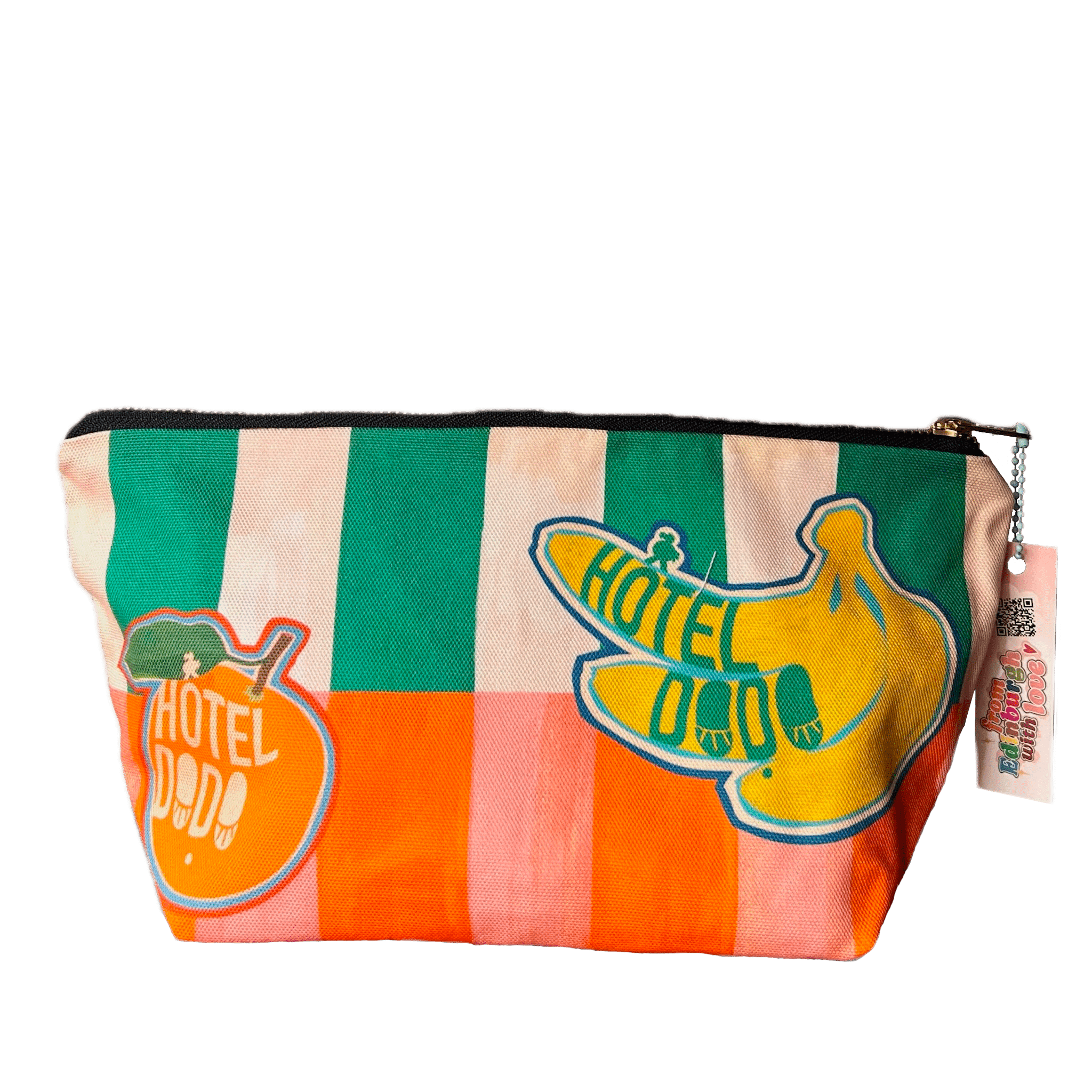 The Fruity Pick ‘n’ Mix Pouch by Hôtel Dodo is a handmade zippered cotton organizer with green, pink, and orange stripes, fruit graphics, and a branded tag—perfect for UK shoppers to use on market day.