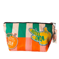 The Fruity Pick ‘n’ Mix Pouch by Hôtel Dodo is a handmade zippered cotton organizer with green, pink, and orange stripes, fruit graphics, and a branded tag—perfect for UK shoppers to use on market day.