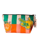 The Fruity Pick ‘n’ Mix Pouch by Hôtel Dodo is a handmade zippered cotton organizer with green, pink, and orange stripes, fruit graphics, and a branded tag—perfect for UK shoppers to use on market day.