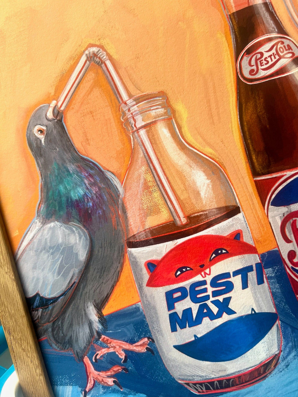 The Pesti Cola Giclée Art Print by Kitsch Kanaveral features a pigeon sipping sugar free cola from a "Pesti Max" bottle with a straw, beside a "Pesti Cola" bottle, set against an orange background with vintage flair.