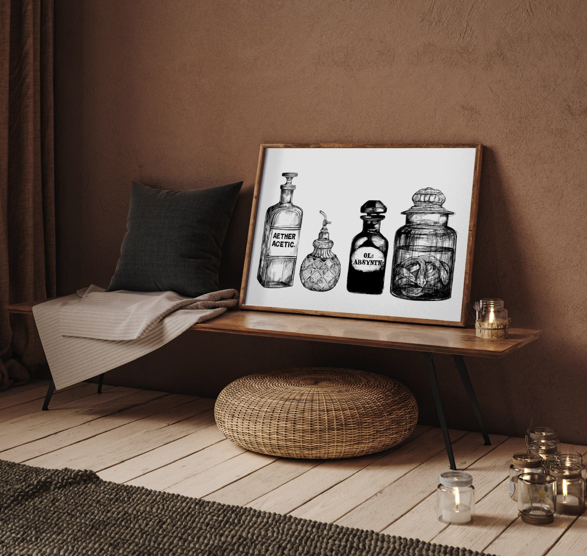 The Jellysnakes & Bellyaches Matte Art Print by Potion & Poison Bottles features a framed black and white still life of vintage glass bottles, adding charm and coziness to any softly lit room.