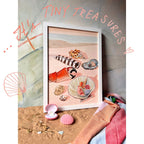 Hôtel Dodo’s Tiny Treasures Giclée Art Print features seashells, a crab claw, feathers, and sea glass on sand with pink shells, a necklace, and pastel-striped towel—ideal for anyone who loves seaside treasures.