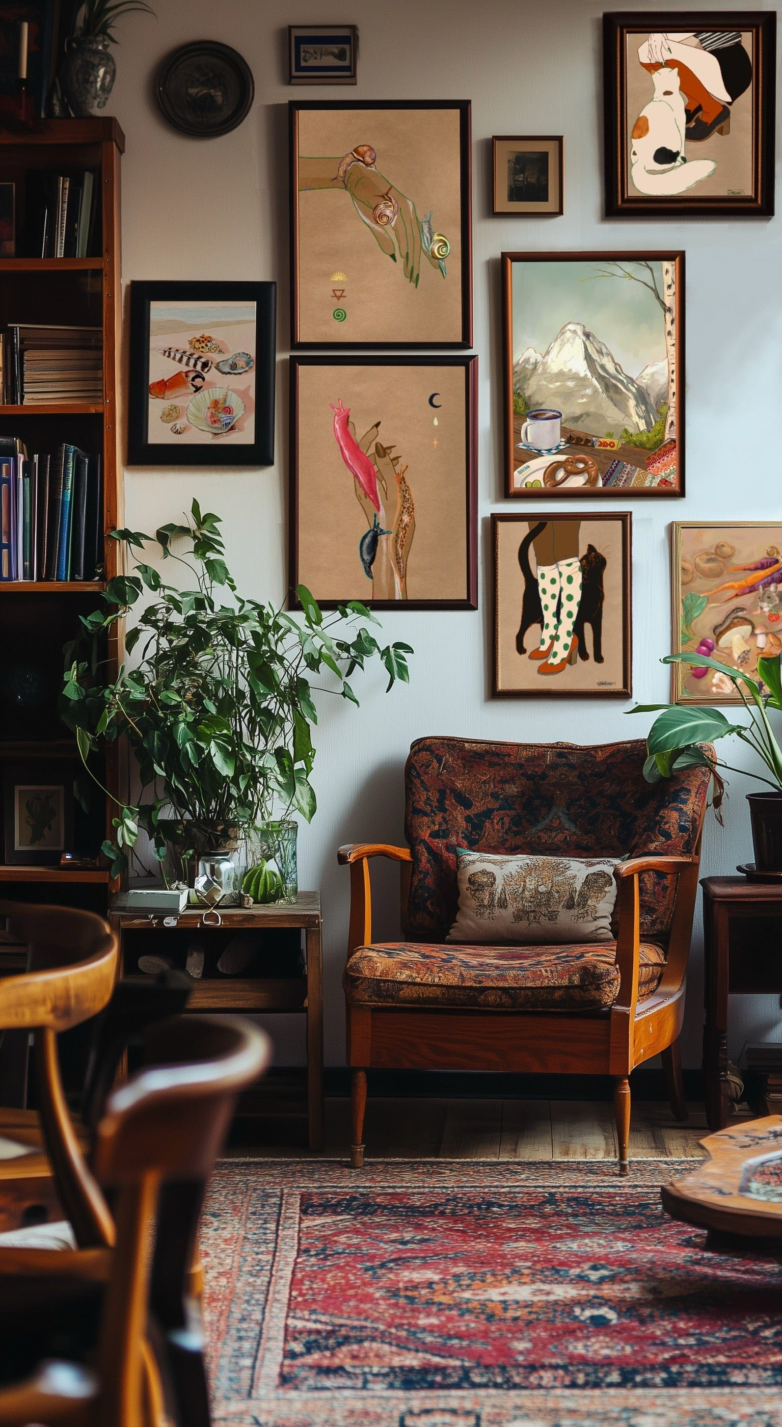 A cozy living room featuring the "Encounters of the Purred Kind II Matte Art Print" by Beauty and the Beastie on a gallery wall, vintage armchair, houseplants, bookshelves—an ideal spot to relax with a book and your curious calico cat.