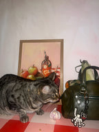 A gray tabby cat sniffs a garlic bulb on a red-and-white table, next to a green bag with a cat keychain and the Apple Core Giclée Art Print by Hôtel Dodo in the background.