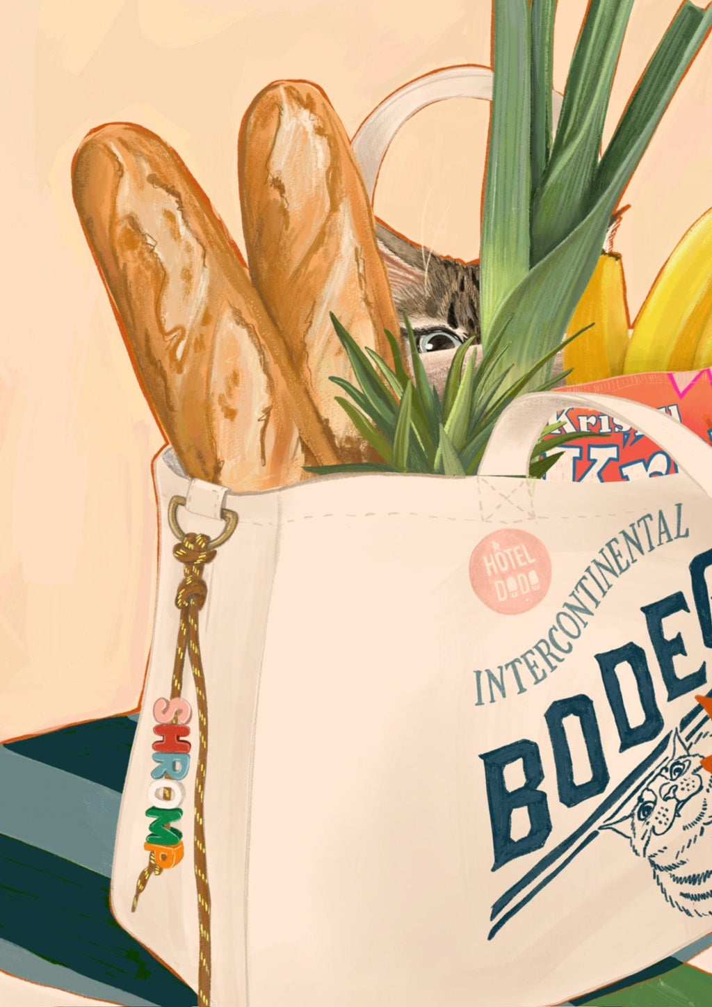 The Bodega Bounty Giclée Art Print by Hôtel Dodo shows a white tote bag with groceries and a curious bodega cat, plus colorful keychains and “INTERCONTINENTAL BODEGA” and “Hôtel Dodo” text, all on a dark surface.