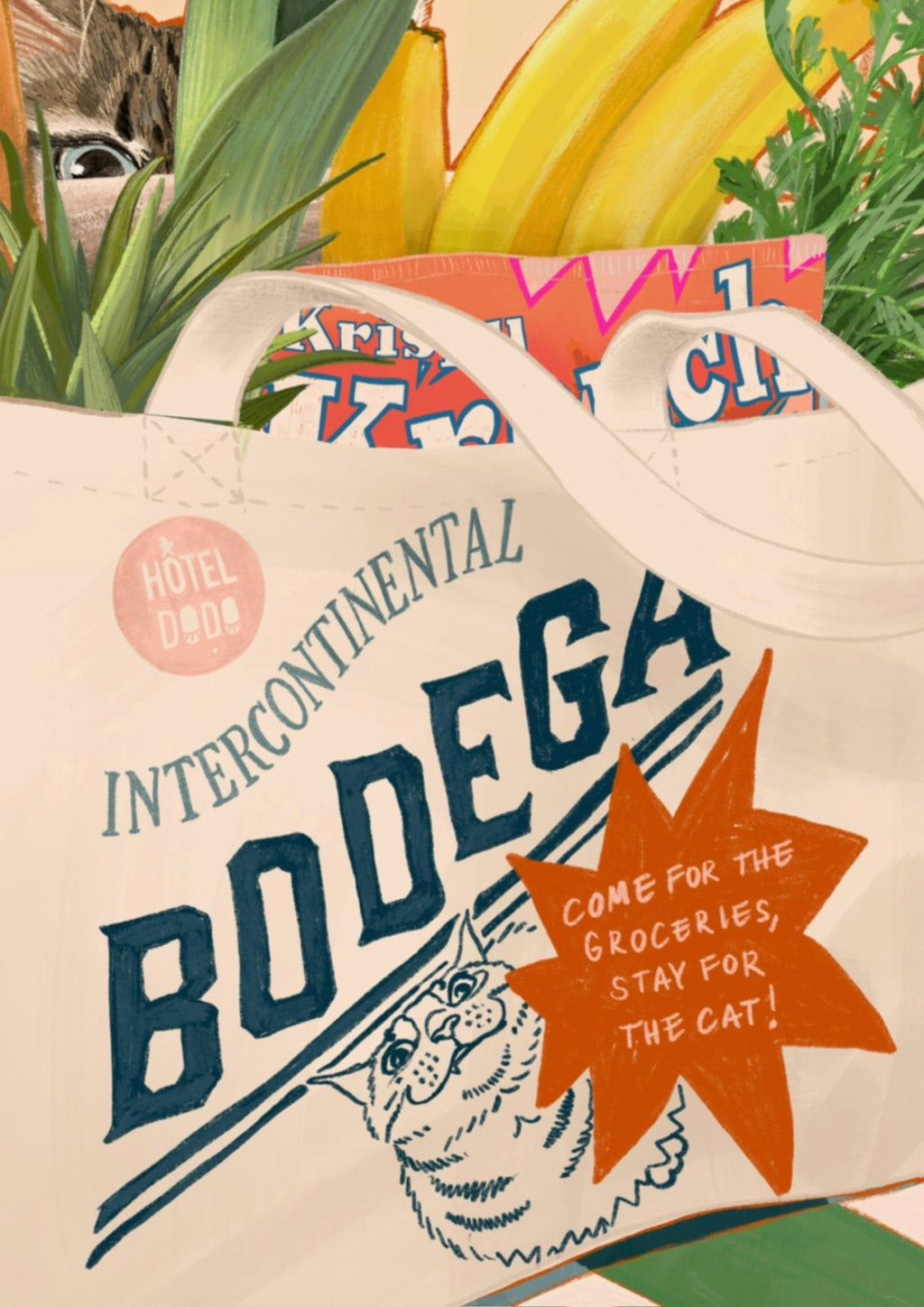 The "Bodega Bounty" Giclée Art Print by Hôtel Dodo features a bodega cat and groceries like bananas, greens, and cereal, with playful promotional text from the brand.