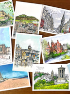 The Enchanting Edinburgh Mini Art Print Set by Essential Edinburgh features hand-drawn and watercolor postcard prints of iconic cityscapes and landmarks—a perfect souvenir or gift for any Edinburgh lover.