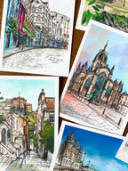 The Enchanting Edinburgh Mini Art Print Set by Essential Edinburgh features vibrant European cityscapes and iconic landmarks—an ideal souvenir gift with detailed architectural and street scenes.