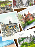 The Enchanting Edinburgh Mini Art Print Set by Essential Edinburgh features detailed watercolor and ink illustrations of iconic city landmarks, beautifully arranged and perfect as a unique souvenir or gift.