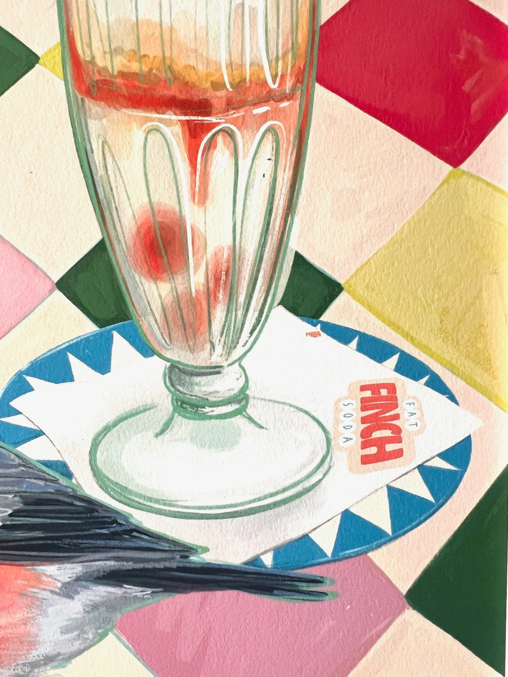 The Fat Finch Soda Giclée Art Print by Hôtel Dodo shows an empty ice cream glass with red residue and a cherry on a geometric napkin labeled "Fat Finch Soda," placed atop a multicolored tiled surface.