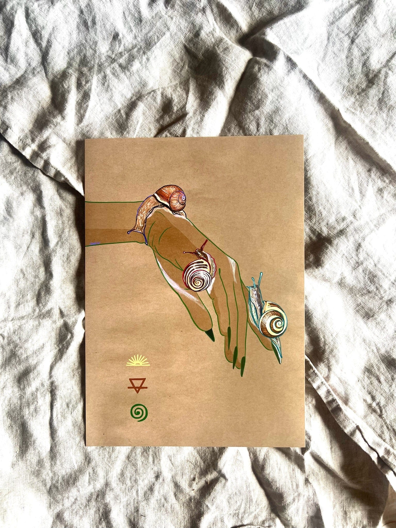 Hand-drawn with intricate spiral-shelled snails and three small symbols—a triangle, sun, and spiral—this 