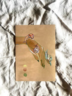 Hand-drawn with intricate spiral-shelled snails and three small symbols—a triangle, sun, and spiral—this "Spring Snails Matte Art Print" by Beauty and the Beastie showcases whimsical nature on a rich brown background.