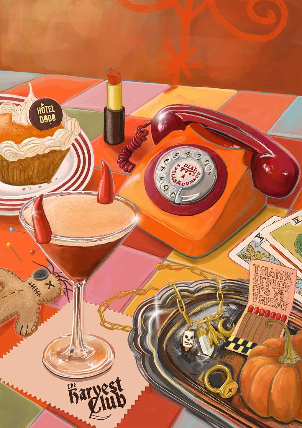 Certainly! The Harvest Club Giclée Art Print by Hôtel Dodo features an orange rotary phone, devil-horned cocktail, pumpkin, pie, lipstick, voodoo doll, tarot cards & jewelry on a colorful tiled table with autumn decor.