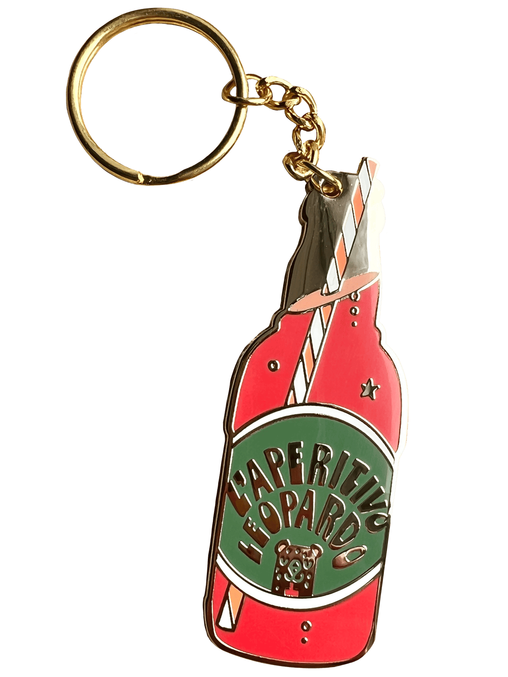 The Hôtel Dodo Aperitivo Keyring features a gold leopard and an enamel charm shaped like a red vintage soda bottle labeled "Aperitivo Leopardo," topped with a striped straw—a playful accessory for your bag.