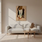 A minimalist living room featuring a light gray sofa, round wooden coffee table, and Beauty and the Beastie’s "Encounters of the Purred Kind I" matte canvas print—a whimsical scene with spotted socks and a lucky black cat.