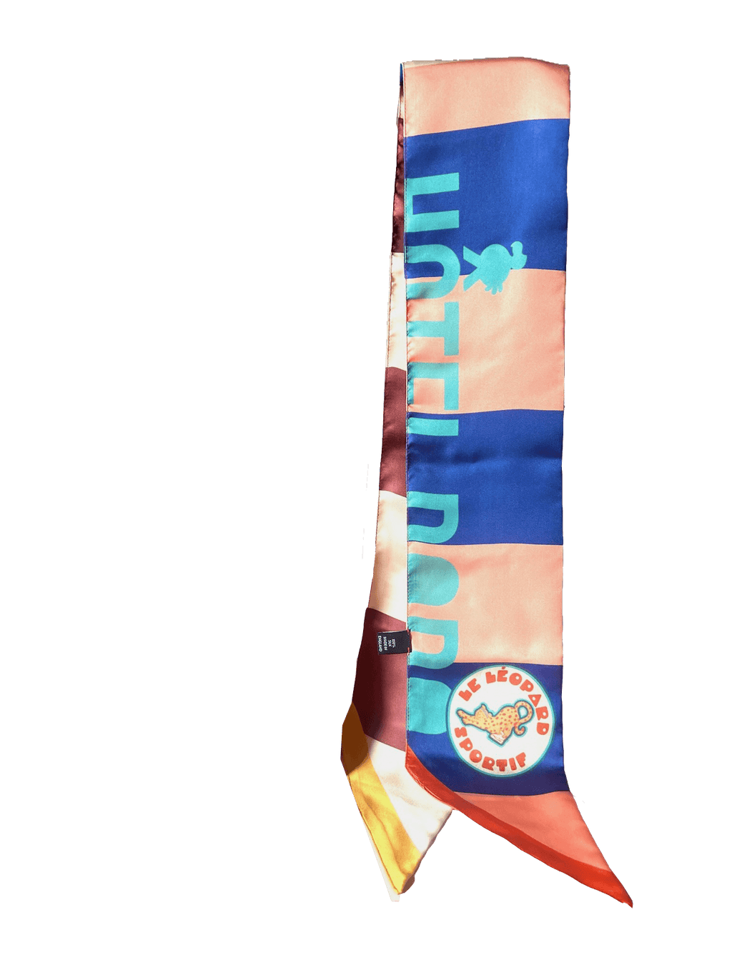 The Hotel Dodo Scarf by diedododa is a vibrant silk twill piece with bold blue "HOTEL DODO" lettering and a circular logo, set against a lively striped background.