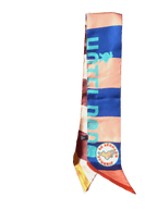 The Hotel Dodo Scarf by diedododa is a vibrant silk twill piece with bold blue "HOTEL DODO" lettering and a circular logo, set against a lively striped background.