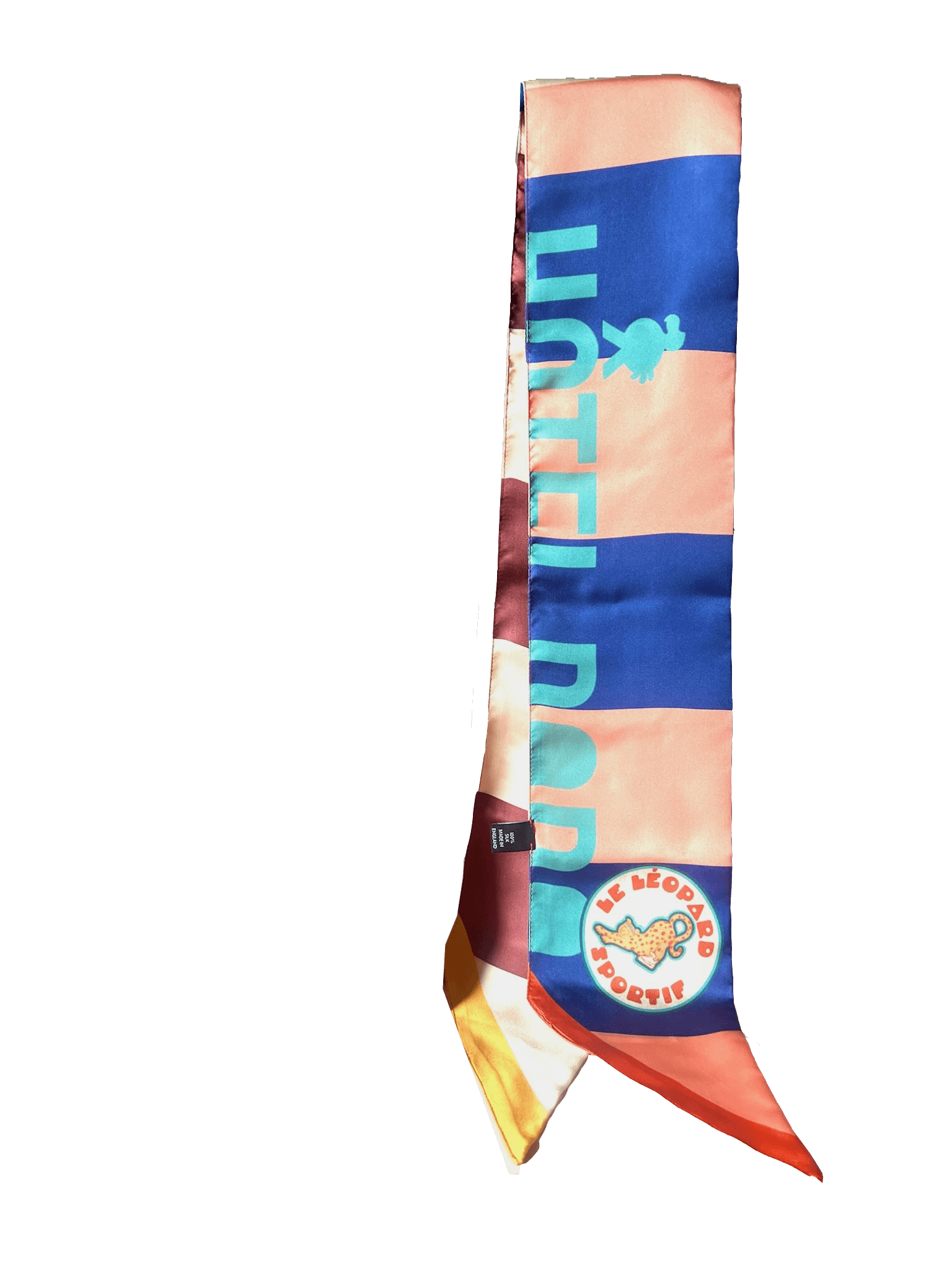 The Hotel Dodo Scarf by diedododa is a vibrant silk twill piece with bold blue "HOTEL DODO" lettering and a circular logo, set against a lively striped background.