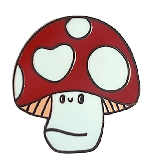 The Luckshroom Pin by Pins by diedododa features a cute cartoon red and white Amanita Muscaria mushroom with a smiling face and big spots, symbolizing good fortune.